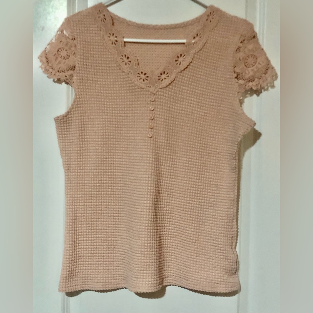 Waffle Knit Short Sleeve Top with Lace Trim - Nude Pink~L
